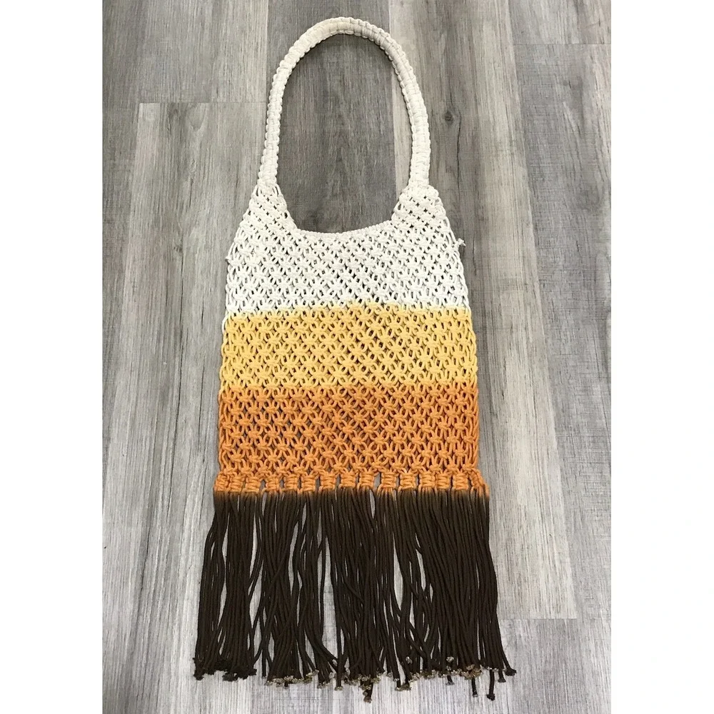 Retro Revue Multi Color Striped Macrame Shoulder Bag Fringe Purse Bohemian